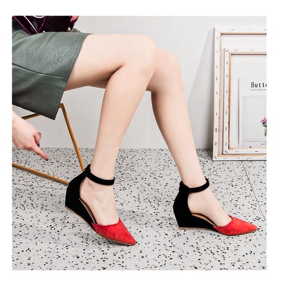 Kick Ass Red & Black Microsuede Ankle Strap Wedges NWT SZ 6.5 - Picture 11 of 16